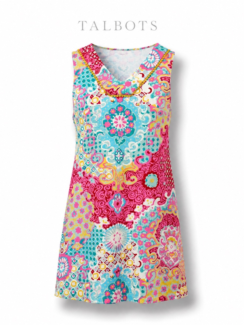 Talbots 100% Interlock Cotton Medallion Shift Dress Pink Blue Women’s Resort